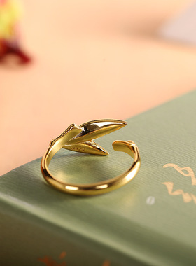 人品银品S925烧蓝竹叶戒指开口银镀金女士食指戒小众设计指环