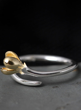 素十八s925银个性气质花朵指环女时尚简约小清新玉兰花开口戒指