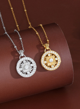 s925纯银轻奢太阳花圆牌吊坠镶钻项链女黄金大气项锁骨链韦雪同款