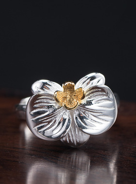 素十八s925银复古民族风花卉活口指环女时尚新中式蝴蝶兰戒指饰品