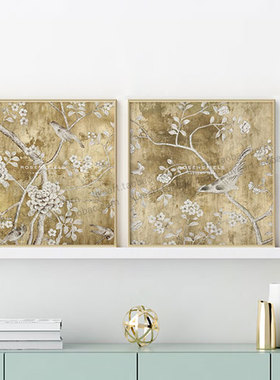 英国轻奢风金色花鸟装饰画