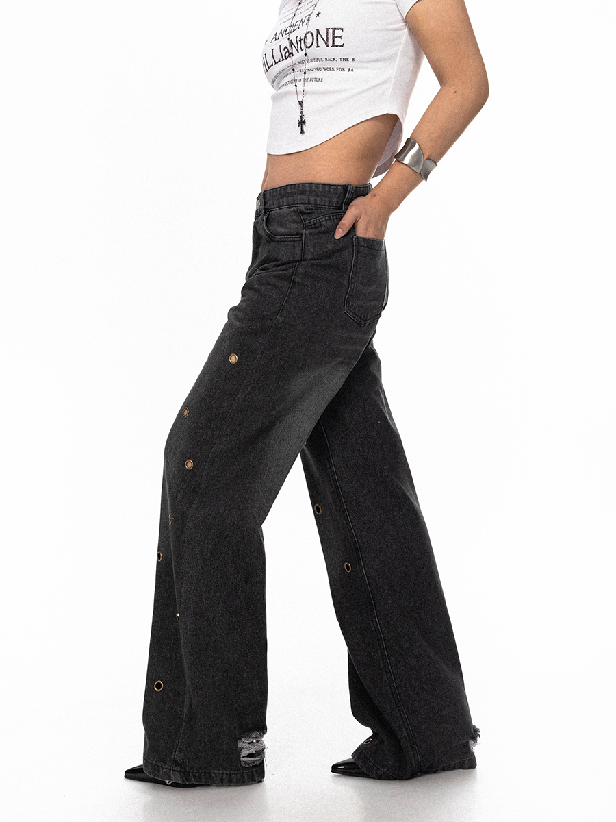 BLACKBB/复古重工圆孔破洞直筒宽松牛仔裤女美式复古设计感阔腿裤