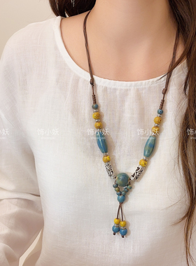 彩色陶瓷手工串珠项链女复古民族