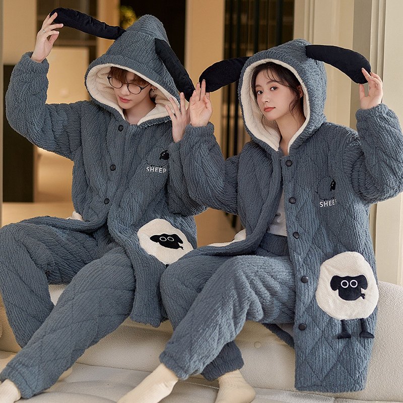 浪莎情侣睡衣女冬季三层加厚加绒夹棉珊瑚绒男士中长款家居服套装,淘宝优惠券,粉丝福利购,淘宝优惠卷