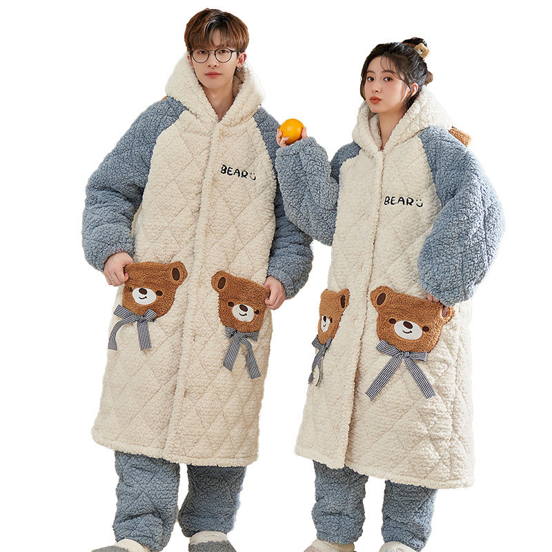 浪莎情侣睡衣女冬季三层加厚加绒夹棉珊瑚绒男士中长款家居服套装,淘宝优惠券,粉丝福利购,淘宝优惠卷