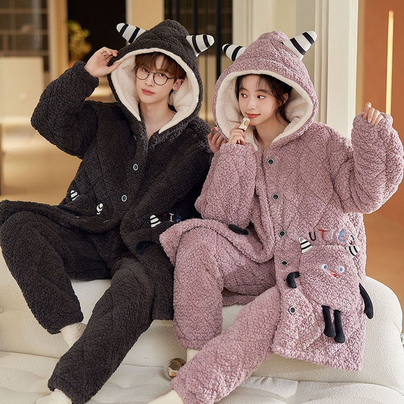浪莎情侣睡衣女冬季三层加厚加绒夹棉珊瑚绒男士中长款家居服套装,淘宝优惠券,粉丝福利购,淘宝优惠卷