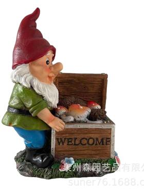 新款树脂侏儒工艺品太阳能灯精灵木箱户外花园庭院园林景观装饰品