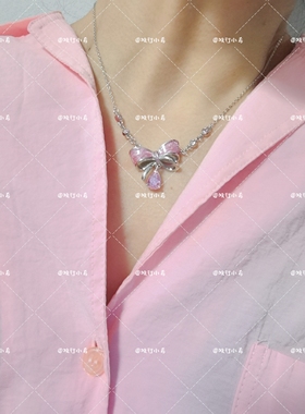 小鱼生日粉色蝴蝶结锁骨链冰花切锆石s925纯银项链二次元乙游周边