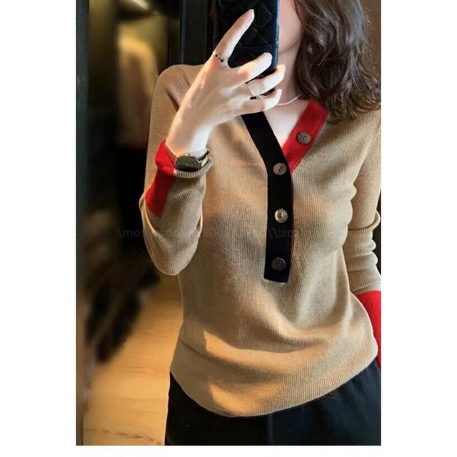 European spring fashion color block V-neck sweater