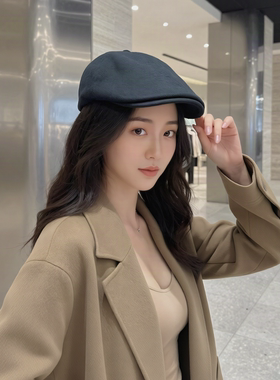 美式复古前进帽女英伦风鸭舌帽PU豹纹时尚显脸小报童帽画家鸭嘴帽