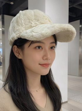 仿兔毛棒球帽女字母毛绒秋冬鸭舌帽加厚保暖时尚女士洋气