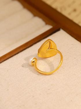 中古风VINTAGE立体树脂花朵开口戒个性几何三角蓝色滴釉珍珠戒指