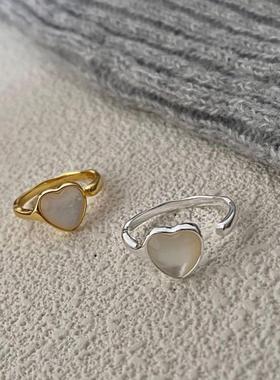 韩国S925通体纯银爱心白贝壳戒指女ins简约小众设计百搭食指戒潮