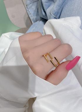 S925纯银几何多层交叉戒指叠戴感冷淡风设计个性开口食指戒潮女生