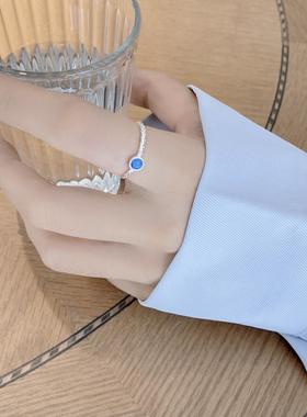 银韩阁 INS韩版通勤百搭S925纯银合成蓝松石戒指可调节宝石戒指女