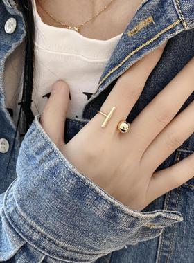 欧美风S925纯银一字光面圆珠戒指极简网红百搭开口食指潮流戒子