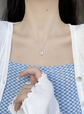 韩国ins蓝色爱心锆石小锁头项链925纯银小清新百搭小红书锁骨颈链