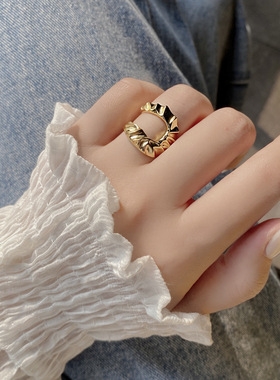 韩国锡纸镂空线条U形褶皱纹开口可调节戒指S925纯银小众设计ins指