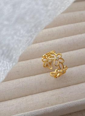 镂空锆石精致花朵戒指女S925纯银韩版小众复古个性简约镶钻食指戒