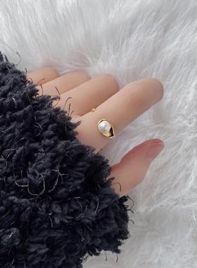 韩国韩版复古S925纯银天然珍珠戒指女冷淡风时尚个性开口戒