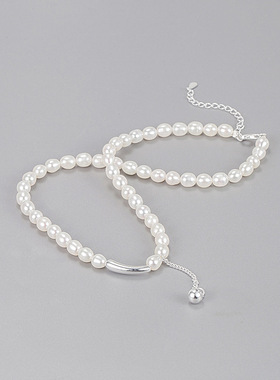 韩国韩版天然淡水珍珠项链S925纯银弯管茄子吊坠轻奢高级感锁骨链