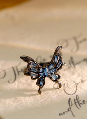 法式轻奢蓝色锆石蝴蝶戒指 开口可调节潮酷ins风个性小众设计指环