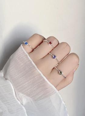 日韩系通体S925纯银爱心麻花戒指女小清新开口可调节多色锆石指环
