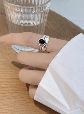 韩版小众设计S925纯银双层几何椭圆黑玛瑙戒指韩国时尚INS博主同