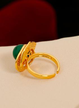 新中式复古港风玛瑙戒指 复古轻奢祖母绿宫廷风立体花朵珠宝戒指
