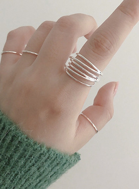 韩国通体s925纯银缠绕交织平行线气质金属百搭ins小众网红戒指女