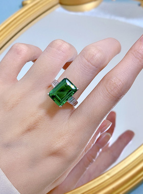 珠宝 2023新款925银复古祖母绿钻戒10*14戒指欧美外贸款