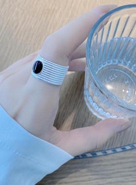 INS博主同款S925纯银戒指女编织麻绳椭圆形黑玛瑙个性重工食指戒