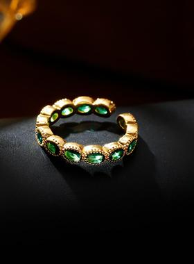 复古港风祖母绿开口戒指女款爆款轻奢可调节指环铜镀金色