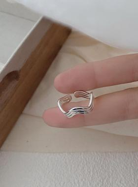 欧美复古个性几何设计波浪戒指通体S925纯银百搭食指戒女生可调节