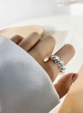 欧美ins冷淡复古百搭925纯银缠绕链条戒指镂空麻花牛角包食指指环