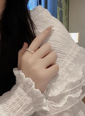 韩国轻奢小众S925纯银爱心巴洛克珍珠戒指女弹力绳手串指环