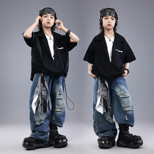 街舞儿童潮服hiphop童装少儿架子鼓假两件演出服男女童爵士舞服装 - 图2