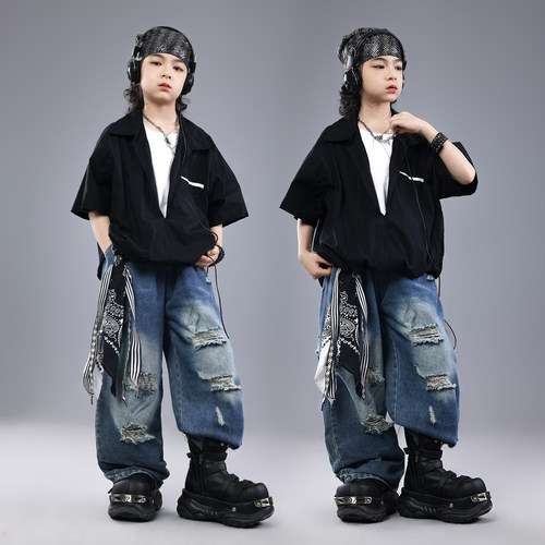 街舞儿童潮服hiphop童装少儿架子鼓假两件演出服男女童爵士舞服装 - 图1