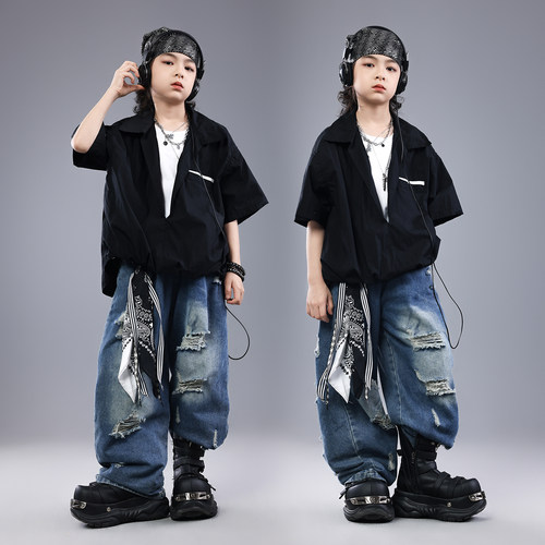 街舞儿童潮服hiphop童装少儿架子鼓假两件演出服男女童爵士舞服装 - 图0