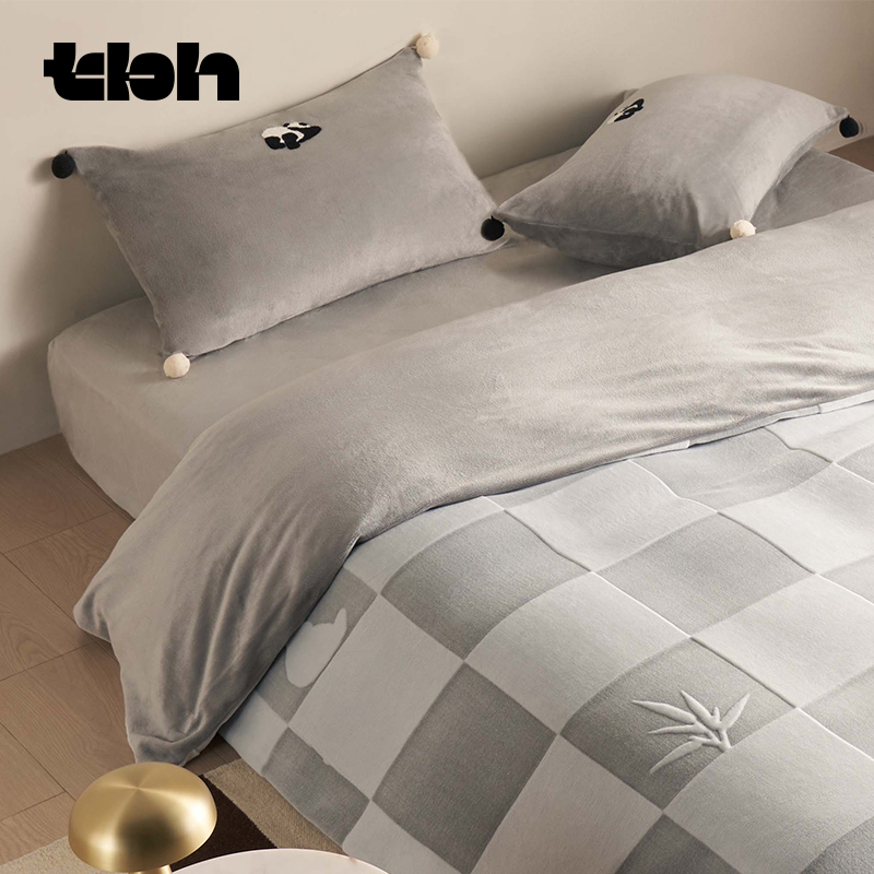 【胡可推荐】tbh野兽派家居熊猫法兰绒棋盘格剪花三/四件套