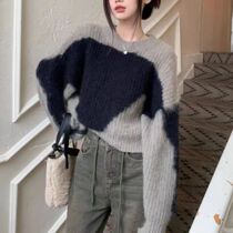 Collision Color Round Collar headsets Sweater Women Autumn winter Lazy Wind loose Short-style soft glutinous knit cardiovert blouse