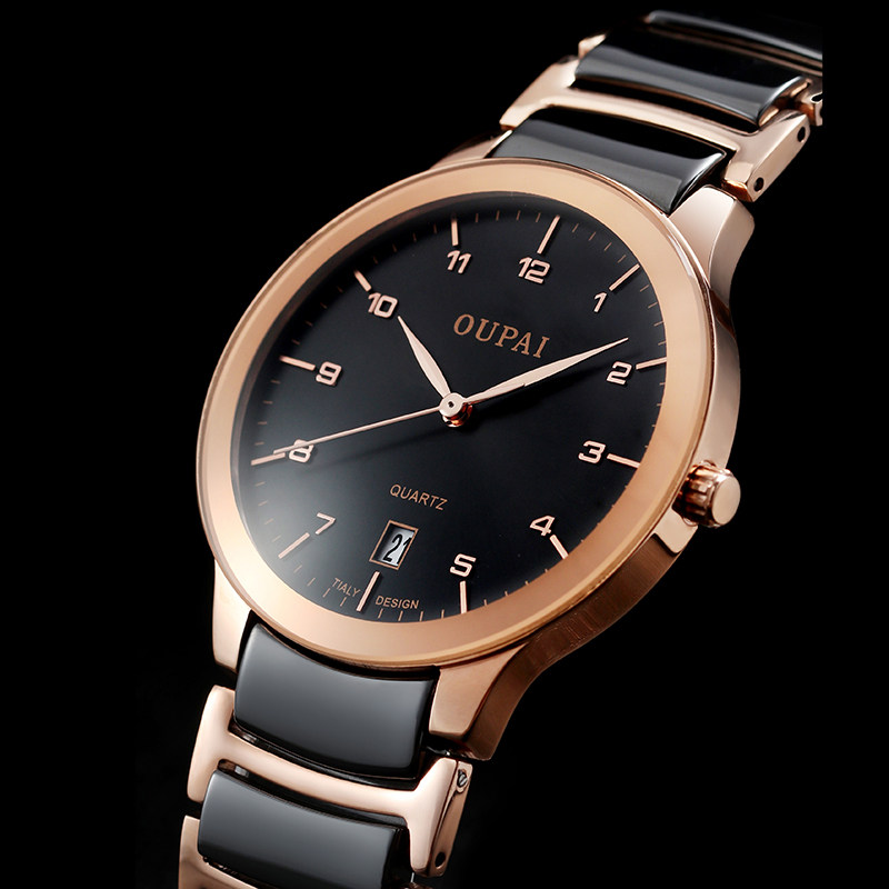 欧派2020新品商务简约黑色陶瓷男表 迪卓手表国产腕表