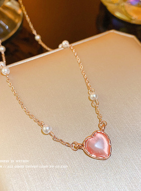 复古珍珠玫瑰金爱心项链女ins