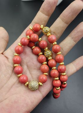 手工原创古法手工琉璃珠橘粉色10mm项链手链