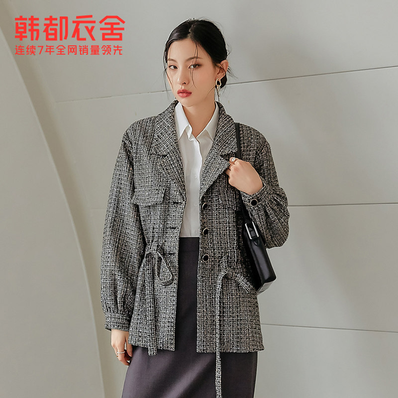 韩都衣舍outlets秋新格纹显瘦系带 韩都衣舍outlets店短外套