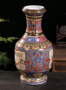 仿古中式瓷器珐琅彩开窗双耳花鸟赏瓶景德镇家居客厅陶瓷花瓶摆件
