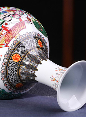 景德镇陶瓷器花瓶摆件客厅插花百子图薄胎瓷瓶中式家居装饰工艺品