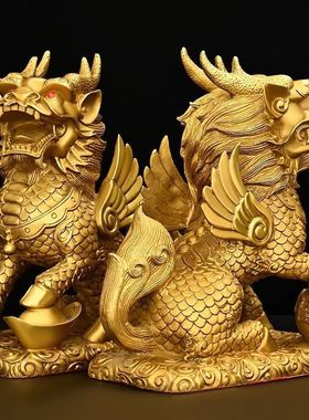 黄铜麒麟摆件一对财富麒麟踩八卦麒麟家居办公室商铺客厅公司工艺