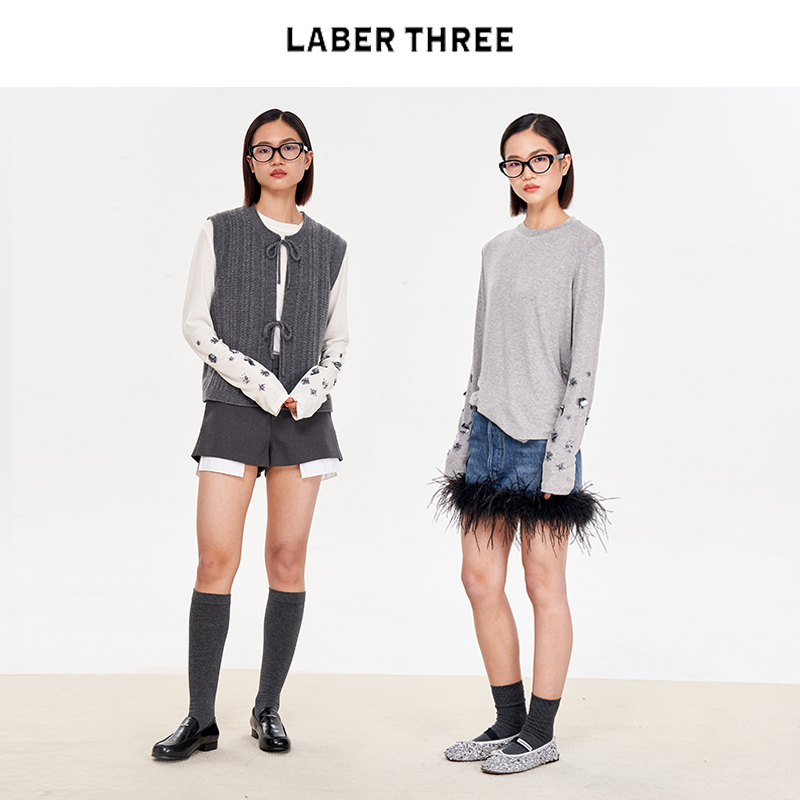 LABER THREE 24春季新款手工串珠长袖针织衫套头圆领打底衫上衣女