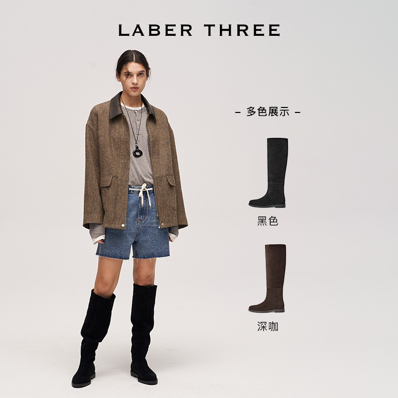 LABERTHREE 秋冬新品复古百搭极简风堆堆靴长筒不过膝低跟瘦瘦靴 - 图0